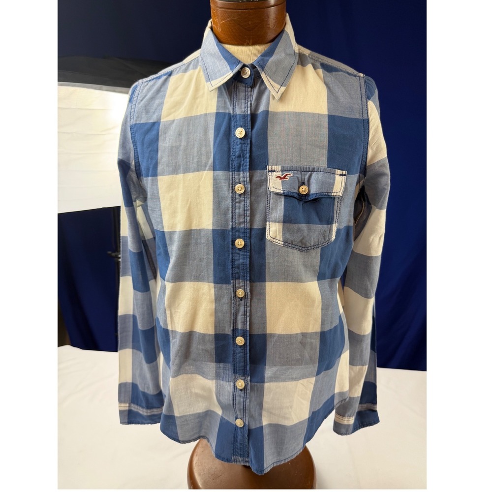 Hollister Medium Blue White Buffalo Plaid Cotton Button Down Shirt - Picture 1 of 4